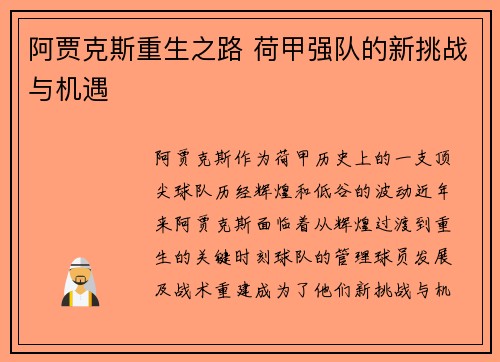 阿贾克斯重生之路 荷甲强队的新挑战与机遇