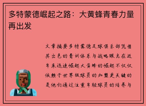 多特蒙德崛起之路：大黄蜂青春力量再出发